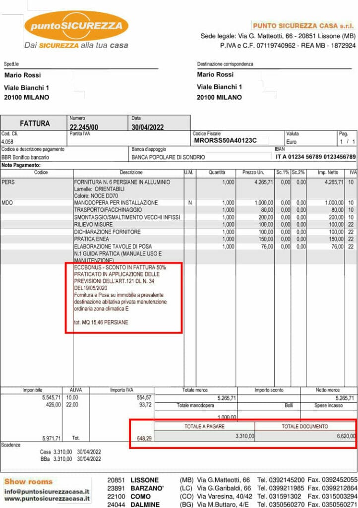 Sconto in fattura esempio Ecobonus infissi Punto Sicurezza Casa